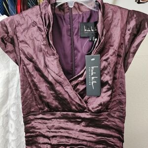 Nicole Miller Collection Ruched Full Length Metallic Wine Dress Gown Form Fitted